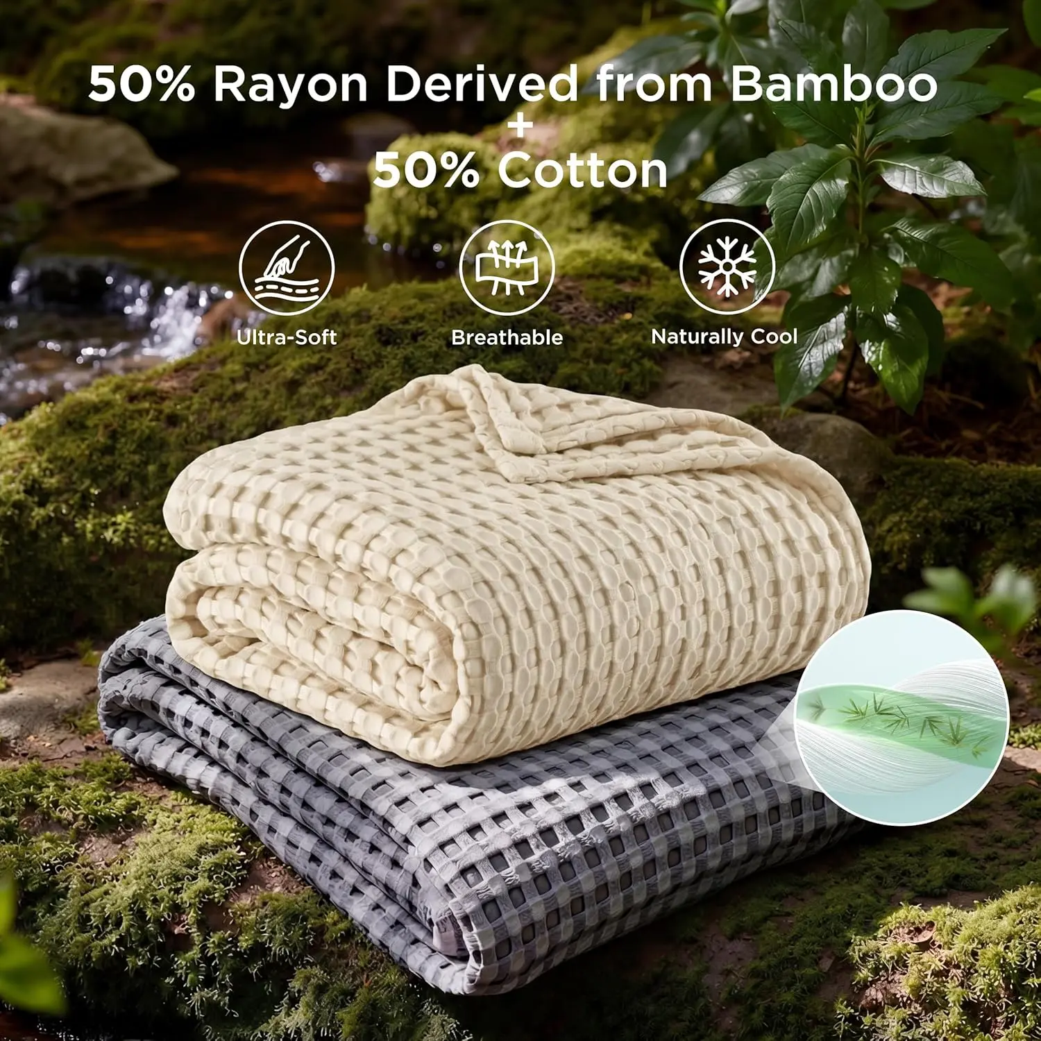 Bedsure Cooling Bamboo Waffle Blanket - Lightweight, Breathable Cotton-Rayon Blanket Derived from Bamboo for Hot Sleepers, Luxury Throw for Bed, Couch, Cooling Blankets