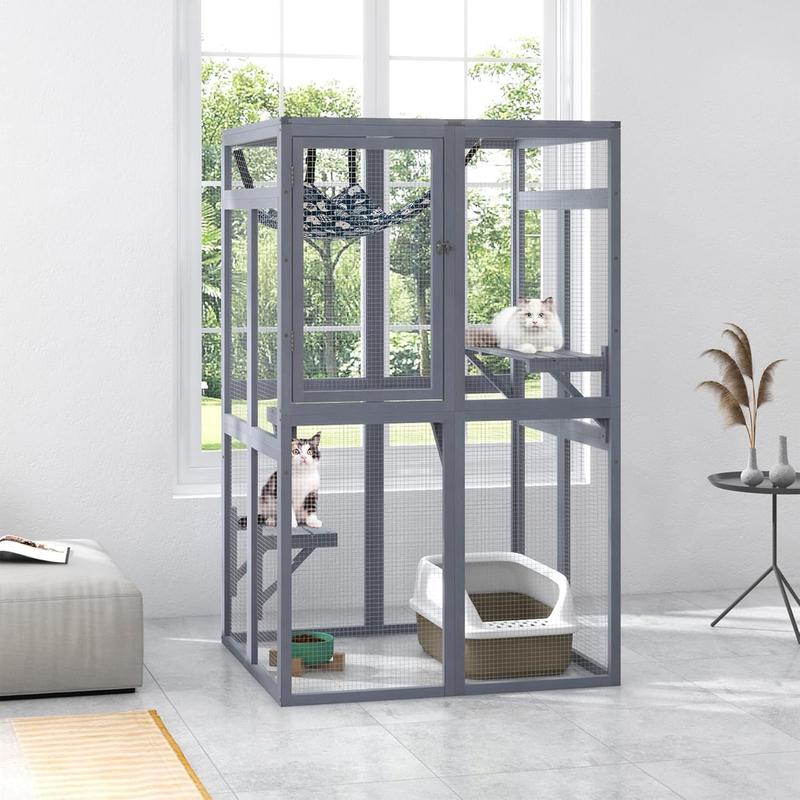 COZIWOW Outdoor Wooden Cat House Enclosure with Window, 3 Spacious Platforms, Weatherproof Wood, 39.4 x 33.3 x 63.8 Inches