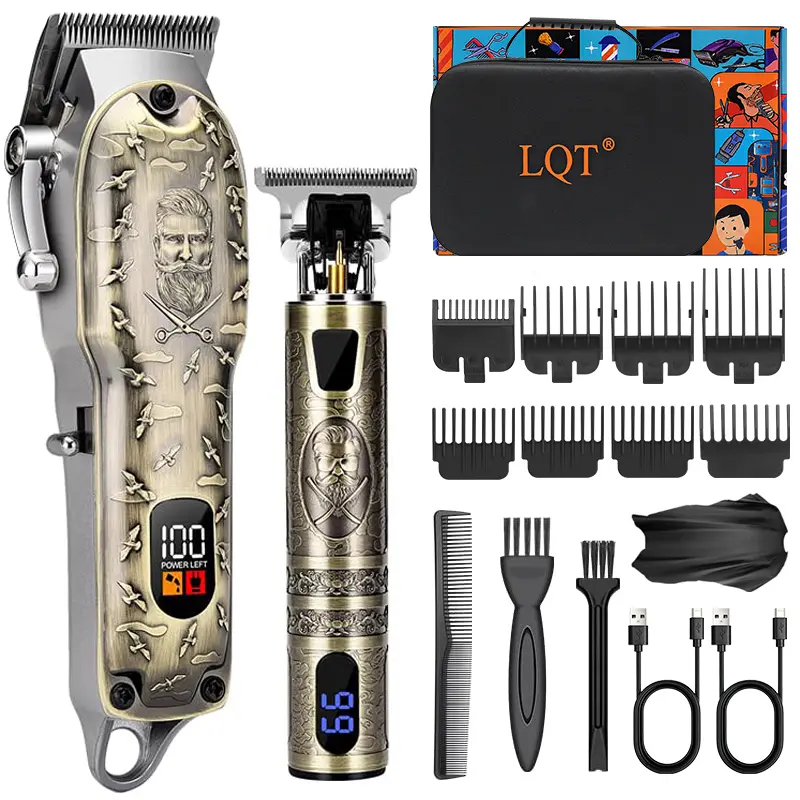 Professional Hair Clipper Set, Digital Display Trimmer Kit, Cordless T-Blade Outline Trimmer, Vintage Design with Full Accessories, Barber Storage Case and Cape Complete Haircutting Kit Wireless Clippers