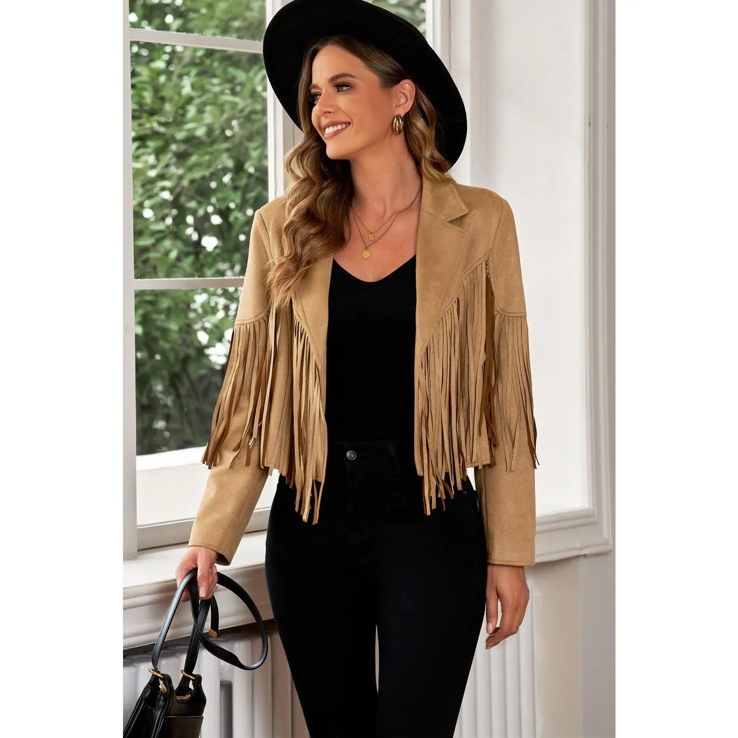 Fringe Trim Lapel Collar Cropped Blazer