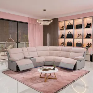 Luxury Sofa Off-White & Gray Stripe Fabric & Technical Fabric 3-Piece Multifunctional Electric Recliner Sofa Set with LED Lighting