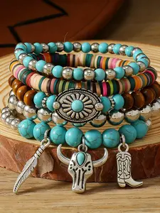 Natural Turquoise Multi-Layered Bracelet Set, Western Cowboy Style Wooden Beads Hand Jewelry, Vintage Workwear Accessories