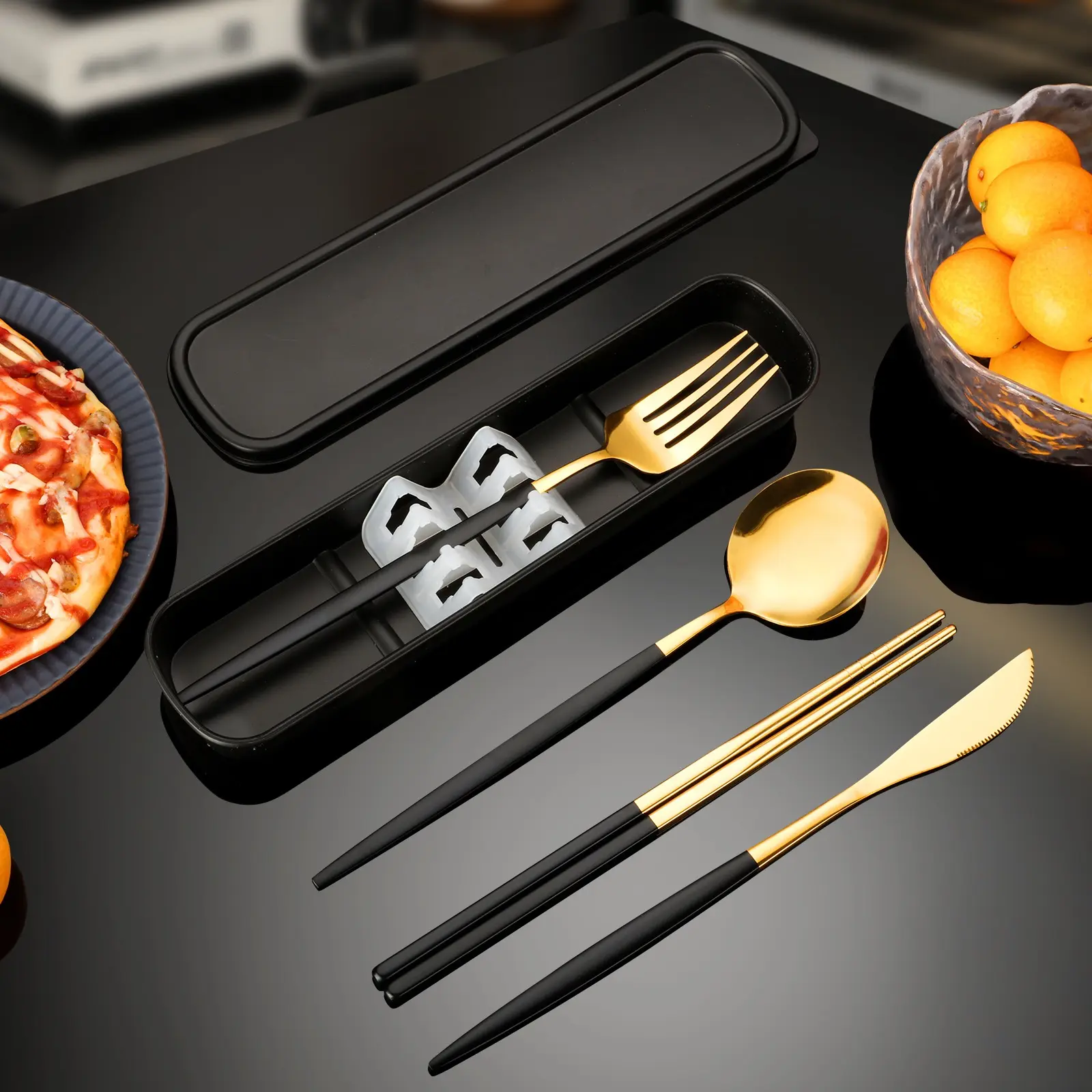 Portable Stainless Steel Cutlery Set, 4-Piece Student Dining Kit, Travel Utensils, Includes Knife, Fork, Spoon & Chopsticks, Outdoor Camping Picnic Set, Picnic Essentials, Gift, Stainless Steel Utensils