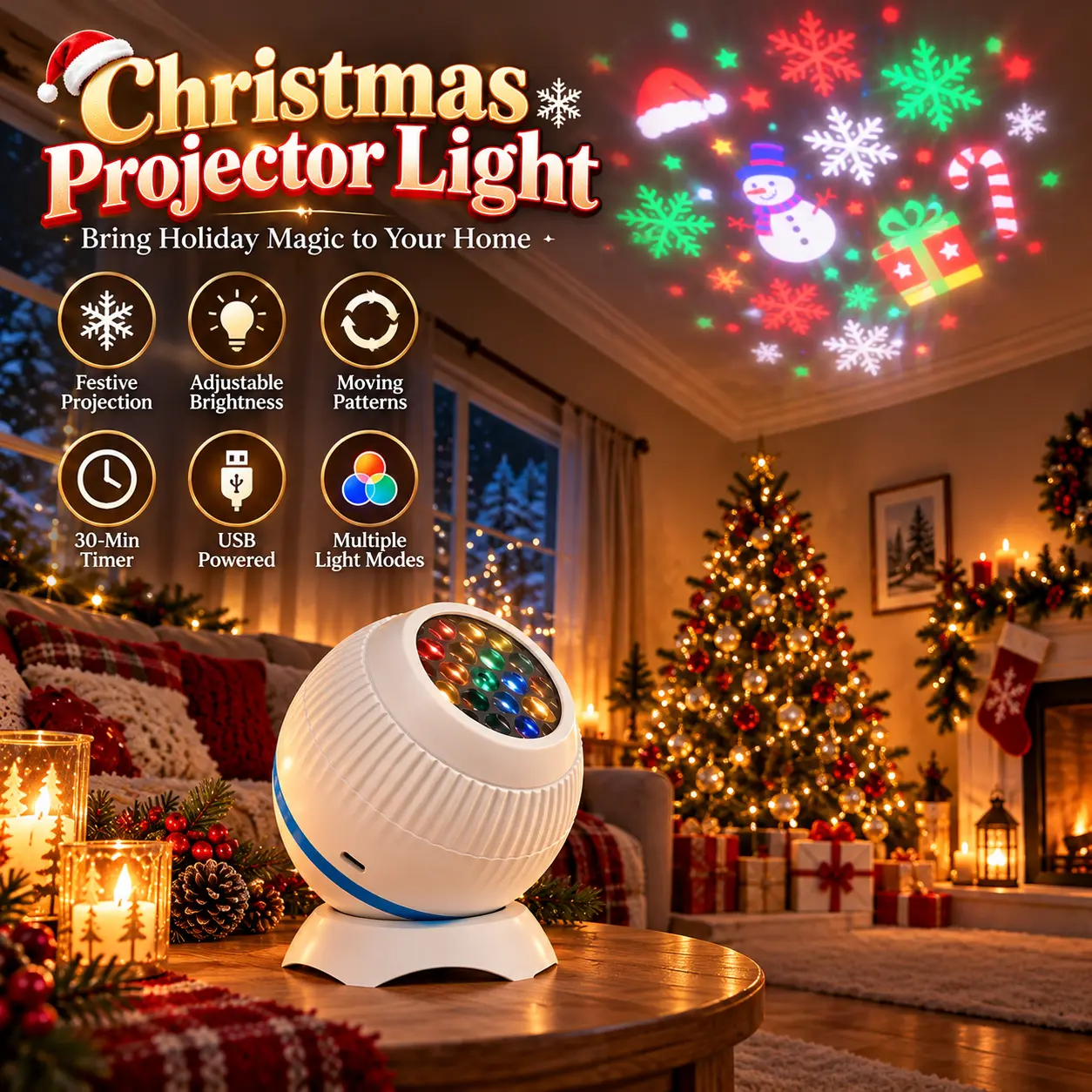 Christmas Light Projector Indoor for Home, LED Holiday Projector Lights with Remote Control, Moving Patterns, Multiple Modes, Adjustable Brightness, USB Powered Xmas Decor
