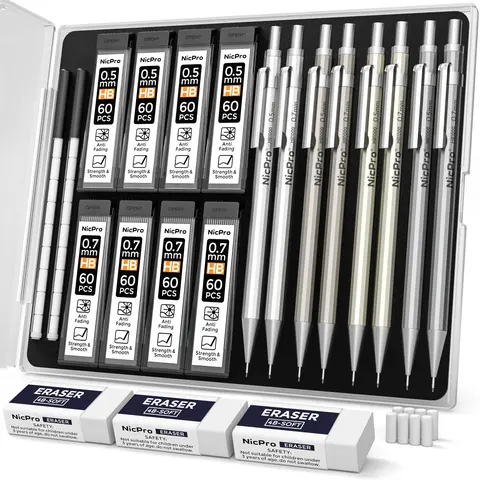 Nicpro Refillable Metal Body Mechanical Pencils Assortment Kit (8 Units) - 0.5mm, 0.7mm Thin Pencils, HB Lead Refills, 3 4B Erasers, 9 Eraser Refills, Storage Case - Unisex Office Supplies, Stationery for School Students