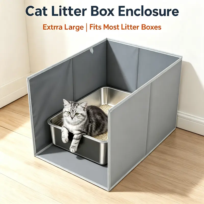 Extra Large Cat Litter Box Enclosure Splash Guard, 25x16x16in Waterproof Foldable Pee Shield with Removable PVC Mat, Oxford Fabric, Tool-Free Setup, Easy Wipe-Clean, Anti-Leak, Anti-Scatter Tracking, Indoor Cat Floor Protection