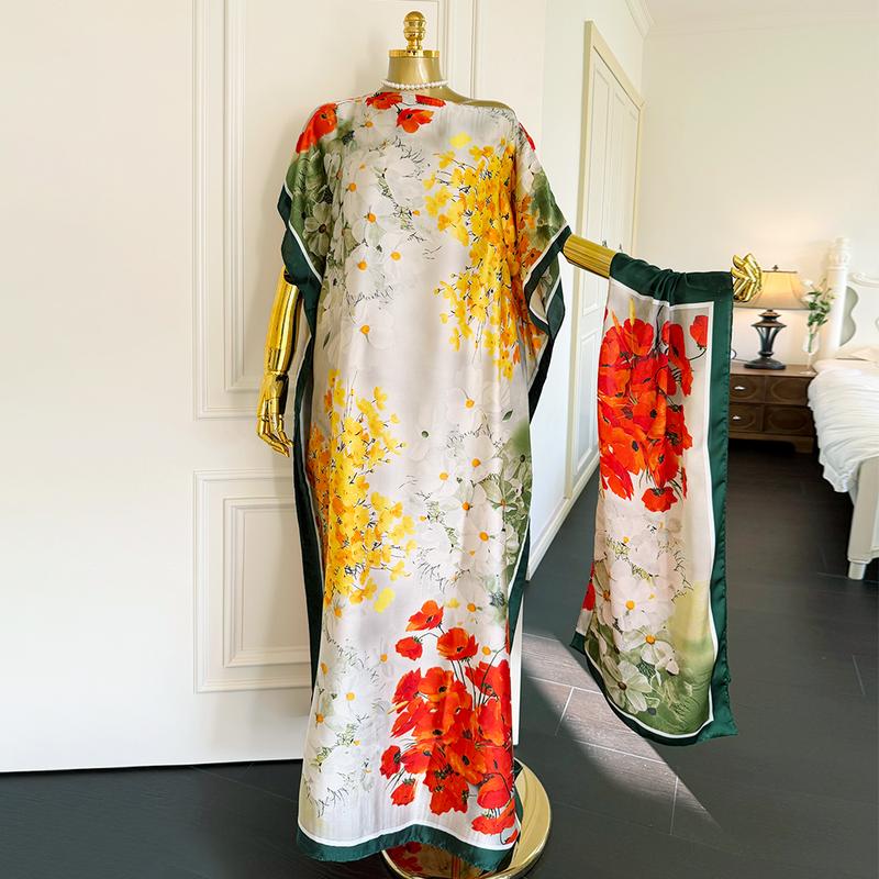 Women's Floral Print Moomoo & Scarf Set - Boho Casual Shawl Dress for Beach Vacation and Holiday Enjoyment, Ladies Clothes for All Seasons