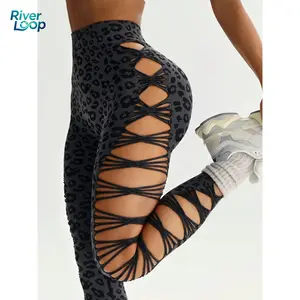 Women's Leopard Print Yoga Pants, Sexy Hollow Out Tight Fit Casual Sports Capris, High Waist Butt Lifting Tummy Control Long Pants