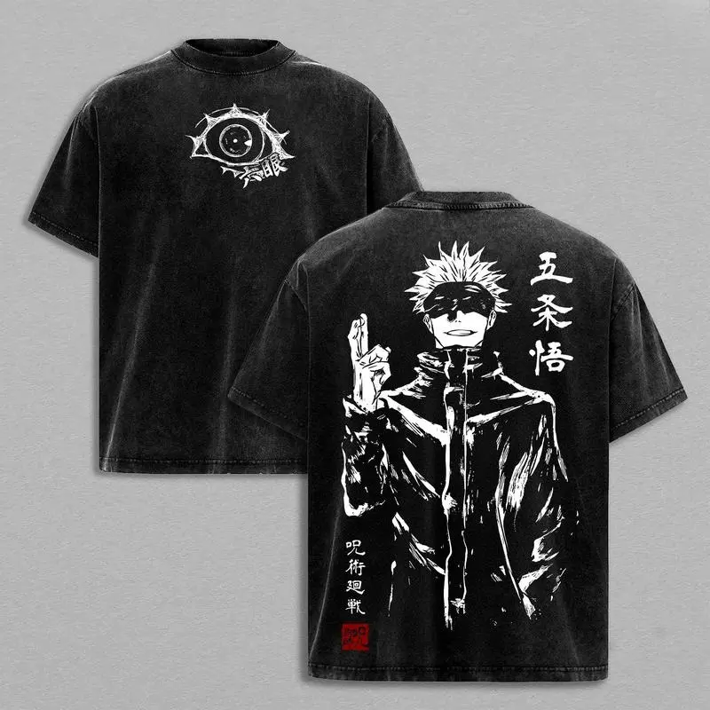 Men's Graphic Top, Vintage Washed Heavy Cotton Jujutsu Kaisen Gojo Satoru Figure Streetwear, Oversized Double-Printed Unisex Fan Apparel