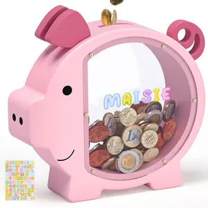 Wooden Piggy Bank for Kids Cute Money Bank for Boys and Girls Clear Wood Personalized Saving Money Jar Creative Present for Children Birthday Christmas Decor Pink Standard