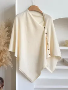 Women's Versatile Knitted Scarf Poncho Sweater, Trendy Solid Shawl, Lightweight Buttoned Design, Perfect for Spring Summer Fall, Casual Plain Style