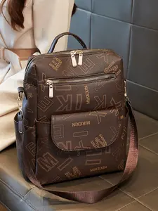 Fashion Colorblock Pattern Backpack, Casual PU Leather Zipper Backpack for Women, Large Capacity Commuting Backpack, Schoolbag, Travel Bag, Stylish Daypack