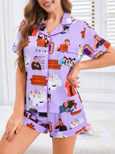 2 Piece Women's Pajamas Set, Friends TV Show Print Short Sleeve Sleepwear, Lavender Lapel Button Down Top with Pocket, Elastic Waist Shorts, Soft Comfy Casual Loungewear for All Seasons, Daily Homewear for Women, Pyjamas, Pjs, Womenswear, Chic