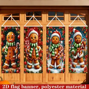 2D FLAT 4counts Festive Gingerbread for Man Christmas Party Packs Banner Set - 16x39 Inch Polyester Door Hanging Decor with Snowflake & Candy Cane Design, for Holiday Entrance & Outdoor Party Decor, Christmas Decor, Christmas Door Banner Outdoor Banners