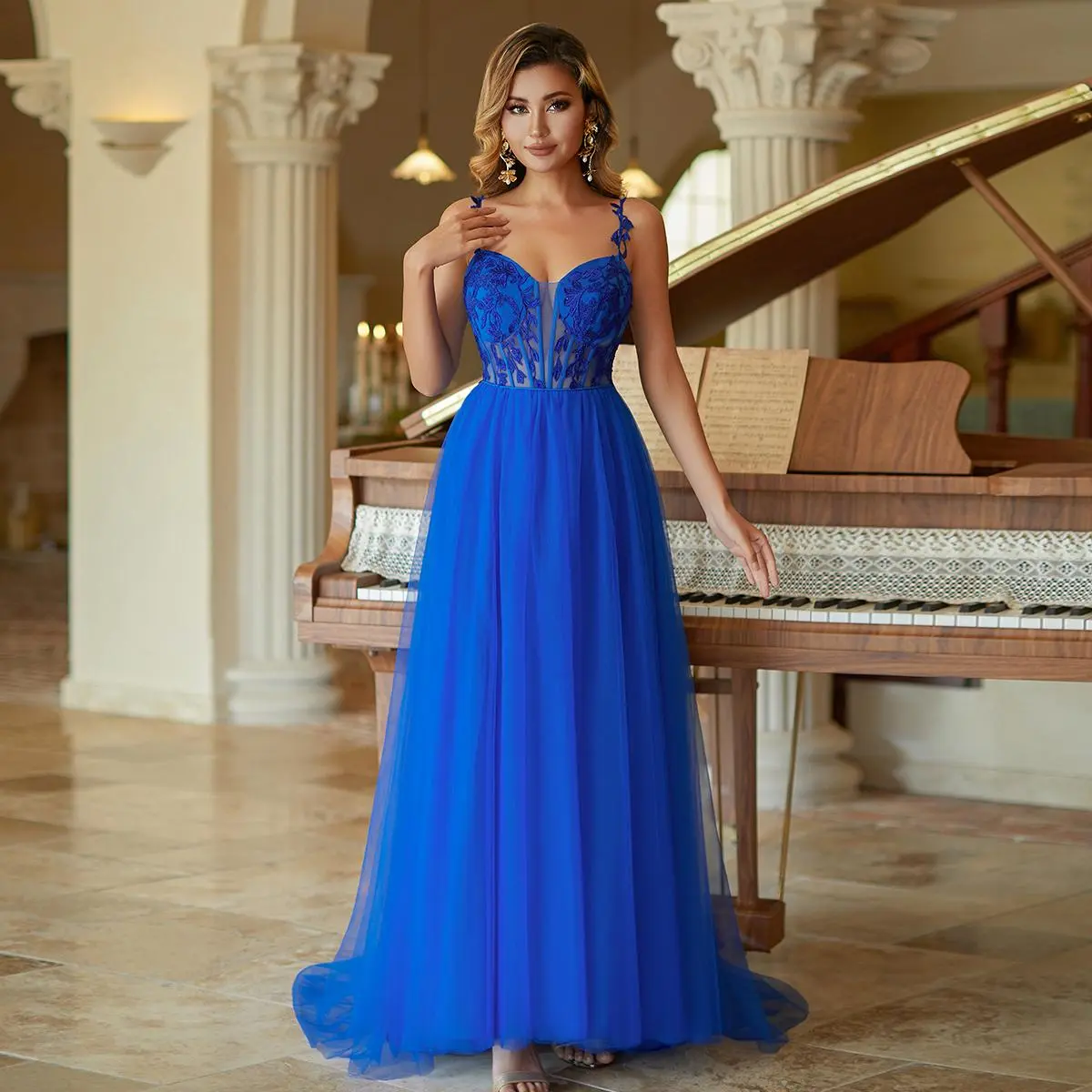 【BBONLINEDRESS】 Royal Blue Corset Lace Tulle A-Line 「Dress」 for Formal 「Prom Evening」