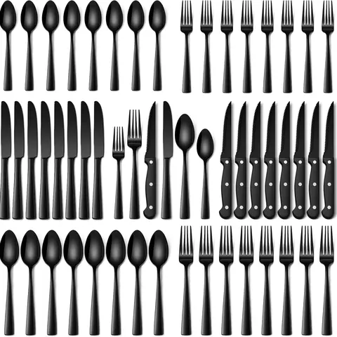 LVABZ Stainless Steel Home Cutlery Kitchen Cutlery Set - 24/48pcs BPA-Free Dishwasher-Safe Flatware, Mirror Polish, Chip-Resistant Oval Handle Steak Knives, Spoons and Forks for 6-10 People, Ideal for Weddings, Special Events