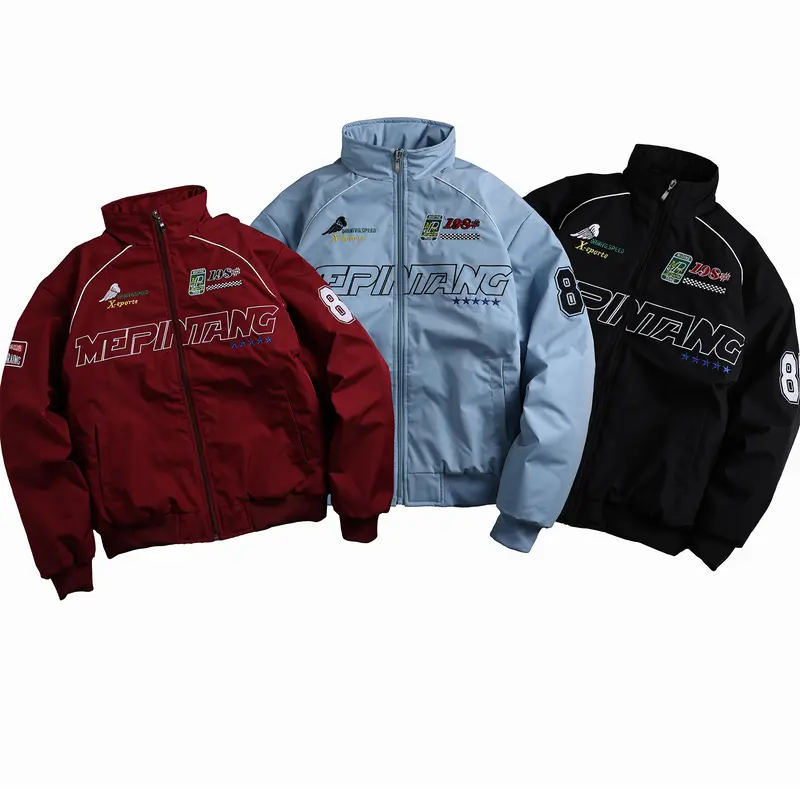 Men's Racing Style Longsleeves Bomber Jacket - Menswear, Stylish Fleece Fabric, Stand Collar, Graphic Print, Embroidery Patch Details, Windproof, Fashion Casual Street/Everyday Wear outdoor commute plain outerwear