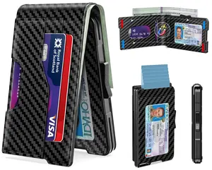 Wallet for Men - Pop Up Case, Cash Slot, Mens Credit Card Wallet - Minimalist Aluminum Case, Slim Leather Front Pocket Wallets with RFID Blocking/ID Window (Carbon Fiber)