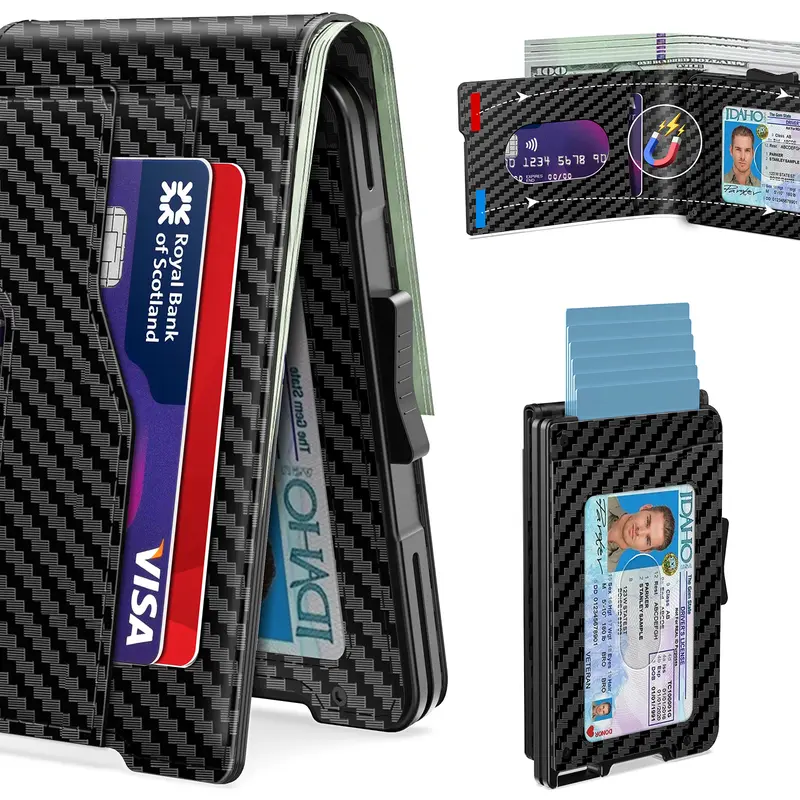 Wallet for Men - Pop Up Case, Cash Slot, Mens Credit Card Wallet - Minimalist Aluminum Case, Slim Leather Front Pocket Wallets with RFID Blocking/ID Window (Carbon Fiber)
