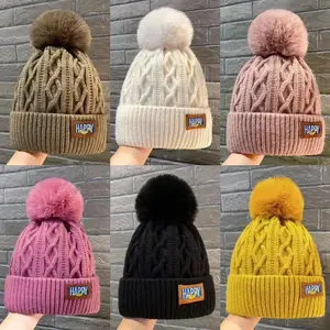 New  styles Thicken Women's Pompom Knitted Hat Women Solid Color  Plush Beanie Cap Female Autumn Warm Crochet Hats