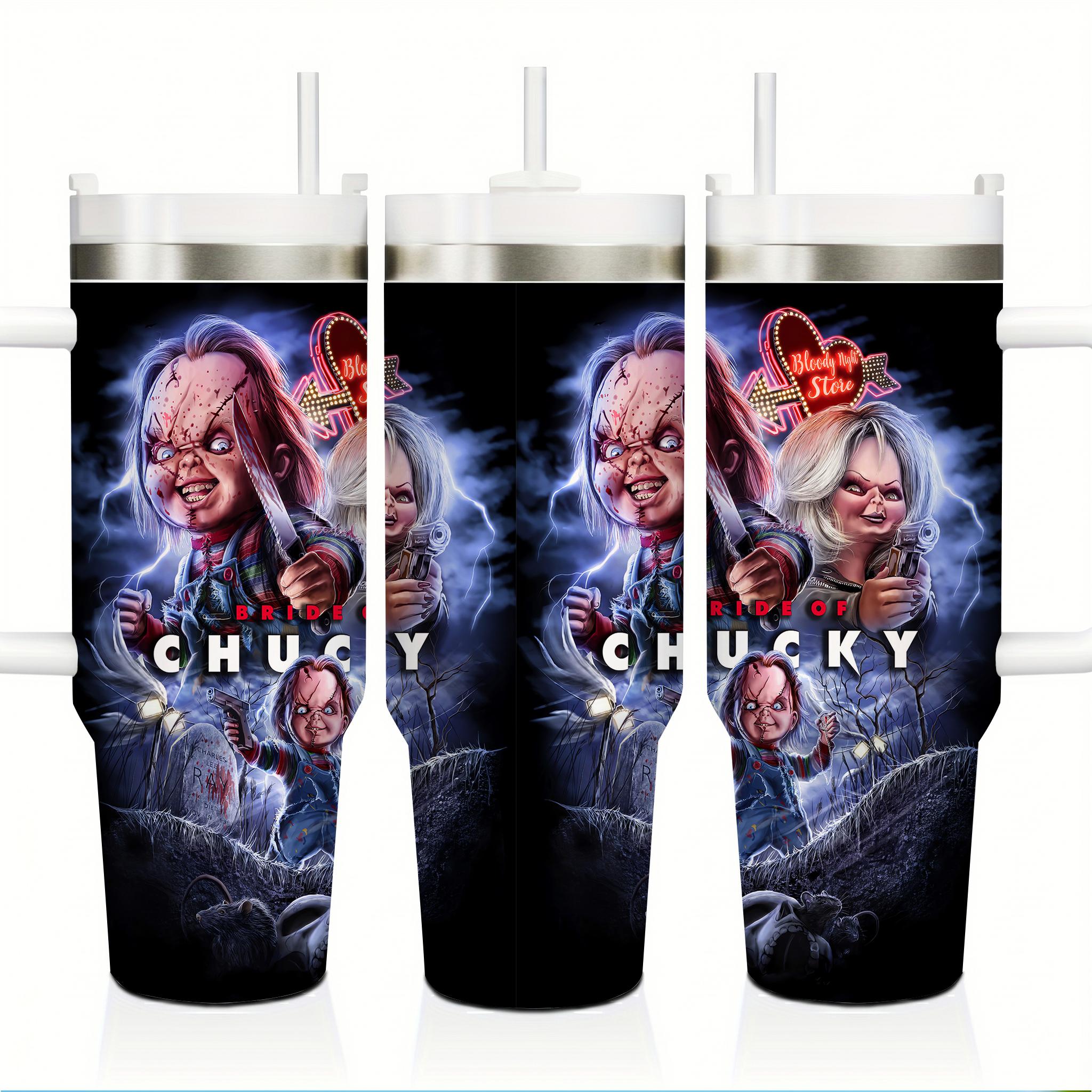 Bride of Chucky Scary Halloween Insulated Tumbler, 40oz Stainless Steel Vacuum Flask, Wide Mouth Coffee Drinkware with Handle & Straw, Creepy Movie Character Wrap, Portable Car Cup Gift for Horror Fans