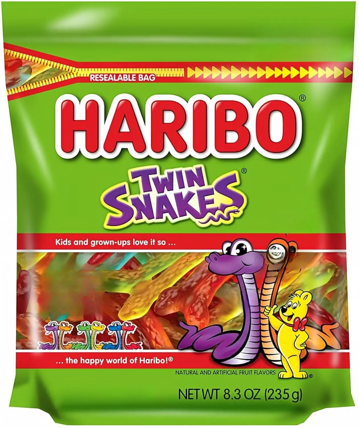 Gummi Candy, Twin Snakes Sweet & Sour Gummy Candy, 8.3 Ounce Resealable Share Size Stand Up Bag, Soft & Chewy Snacks, Assorted Fruity Flavors
