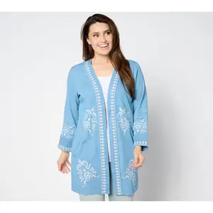 Susan Graver Regular Open Front Chambray Jacket with Lace Applique