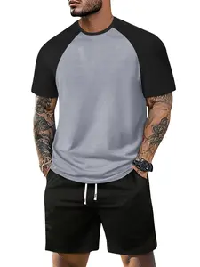 Men’s summer lightweight color-block raglan short-sleeve T-shirt casual sports set stylish casual vacation fishing camping outdoor top pocket elastic waistband drawstring pants two-piece set
