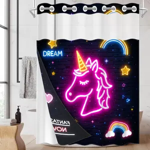 1pc hookless shower curtain with buckle lining, pink and purple neon unicorn rainbow design 2D flat print, fabric waterproof lining, see-through double shower curtain, 71 x 74 inches, modern home draping curtain.
