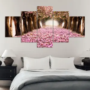 Cherry Blossom Path Pattern Canvas Unframed Painting, 5 Counts/set Modern Art Poster, Wall Art Decor for Home Living Room Bedroom Office, Ornaments