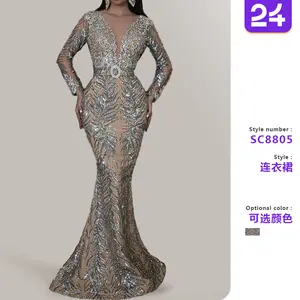 2025 new European and American women's cross-border dress gold-stamped long-sleeved slim sexy fishtail floor-length evening dress