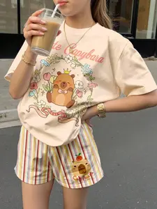 Girls' Cute Capybara Print Short Sleeve & Striped Shorts Set, Kids Loungewear