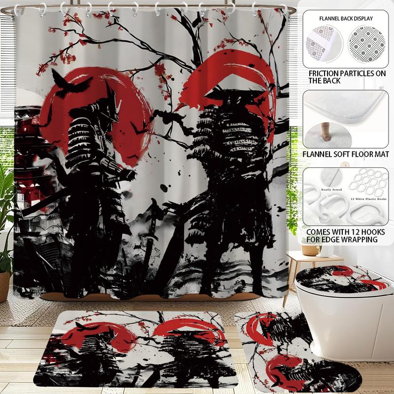 Japanese Ukiyo-e Samurai Shower Curtain Set, 1 Count Shower Curtain Or 4 Counts Bathroom Decoration Set Including Shower Curtain, Bath Mat, Toilet Lid Cover, U-Shaped Mat, Bathroom Accessories, with 12 Hooks