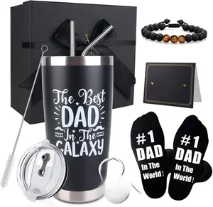 Dad Gifts, 8PCS Fathers Day Gift Includes 20oz Tumbler with Lid Straw Brush Socks Bracelet Key Chain Thanks Card Gift Box, Best Dad Ever Gifts from Daughter Son Kids for Christmas party Birthday Set