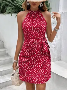 SHEIN Frenchy Women's Summer Allover Print Sleeveless Halter Dress Teacher Clothes  Old Money Style Elegant Dress Chic Green Casual Christmas Beach