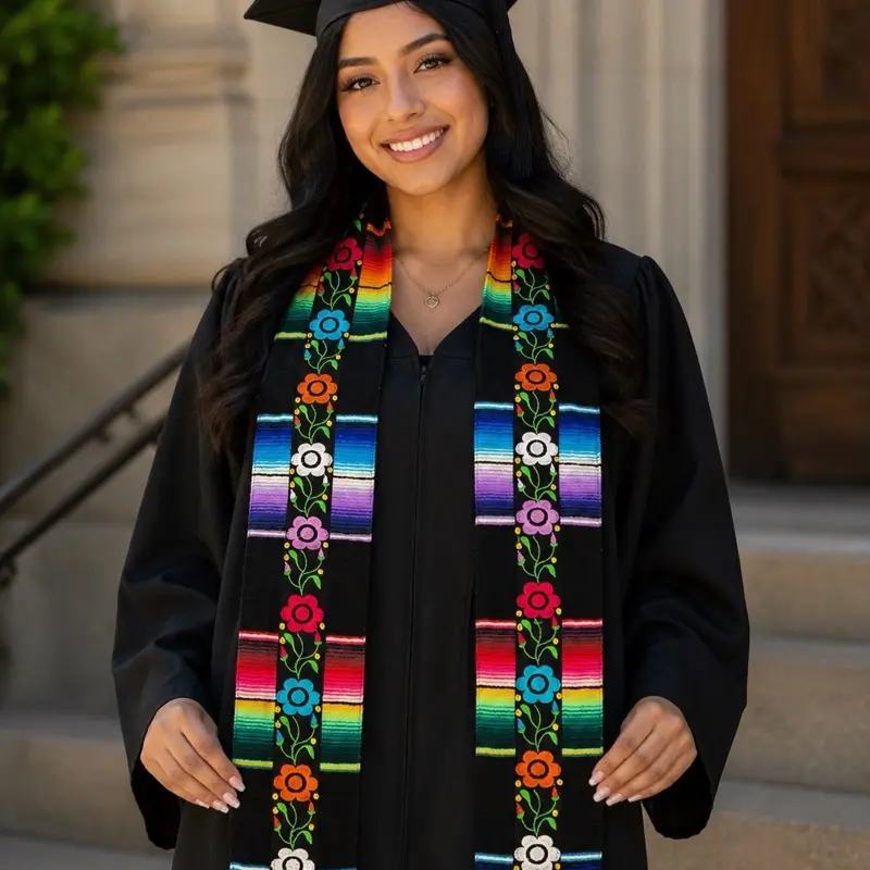 Plain Floral Graduation Stole  | Embroidered Serape Style Graduation Sash for Graduates
