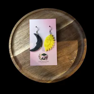 Enchanted Eclipse Dangle Earrings - Hand-Crafted Yellow Sun & Black Moon Polymer Clay Hypoallergenic Stainless Steel Hoops for Dreamers & Stargazers