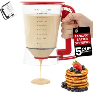 Pancake dispenser, 5-cup (1200 ml) batter dispenser for pancakes, cupcakes, waffles, and crepes, easy squeeze handle, dishwasher-safe red pancake mix dispenser