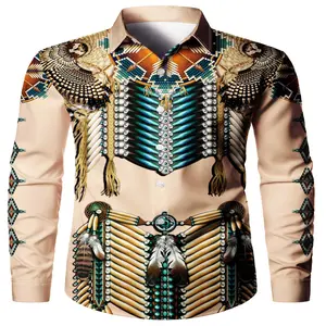 [Tribal Print] Men's Tribal Print Long Sleeve Shirt | 100% Polyester | All-Season, Regular Fit, Woven Fabric With Slight Stretch, Button Collar, Vintage Ethnic Decorative Pattern | 120g/m²