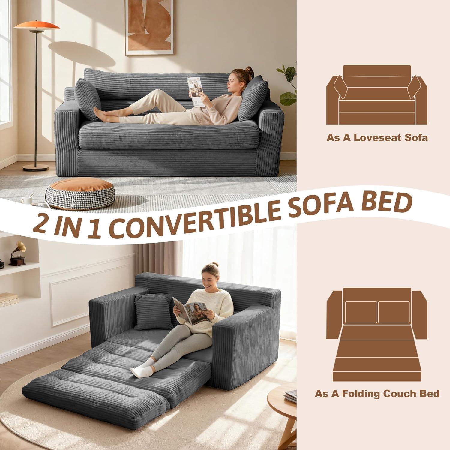 Winzoo Convertible Sofa Bed, Pull Out Boneless Couch Loveseat Floor Sofa Bed with Pillows, 2-Seater Folding Sofa Loveseat Boneless Couch for Living Room, Bedroom, Apartment, Office(Grey)