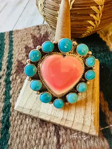 Handcrafted Sterling Silver, Queen Pink Conch & Turquoise Heart Adjustable Ring