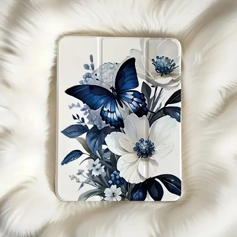 3-Fold Blue Butterfly Flower Tablet Case with Stand & Pen Slot, Anti-Drop Transparent Cover for Apple iPad 9 (2021, 10.2in), Air 5, 12.9in, 11in (M3) & iPad 2020