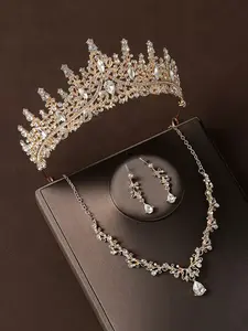 Elegant Rhinestone Decorated Crown & Necklace & Earrings, Fashion Jewelry Set for Party, Prom Accessories, Daily Clothing Decor, Trendy All-match & Exquisite Jewelry for Birthday Gift