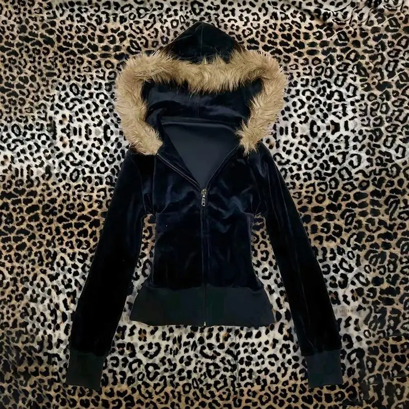Harajuku Gothic Women's Hoodie Sexy Slim Chic Suede Fur Collar Letter Print Cardigan Sweatshirt Aesthetic Female Streetwear