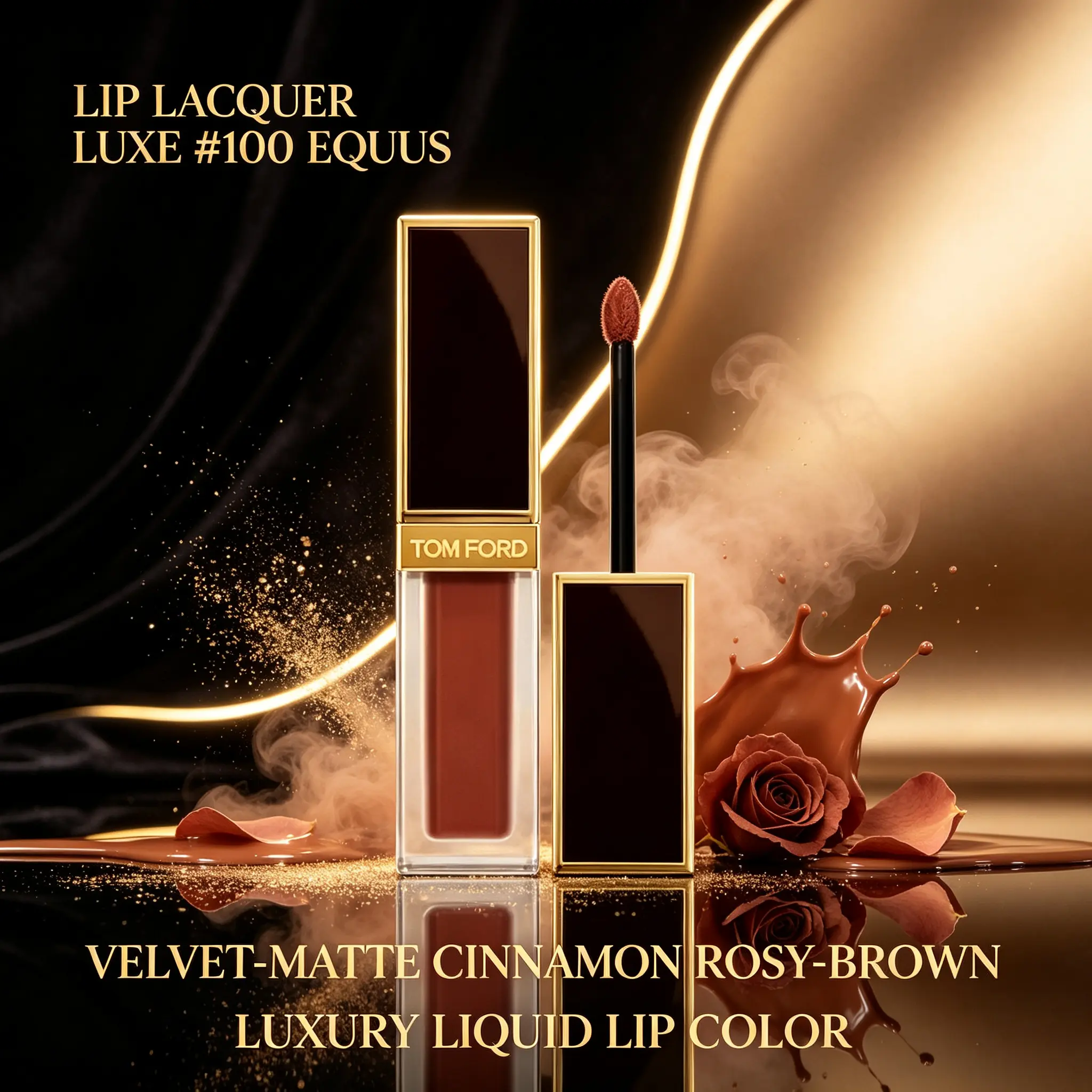 TOM FORD Lip Lacquer Luxe #100 Equus Velvet‑Matte Liquid Lipstick, Muted Cinnamon Rosy‑Brown Luxury Lip Lacquer Full‑Size 6ml
