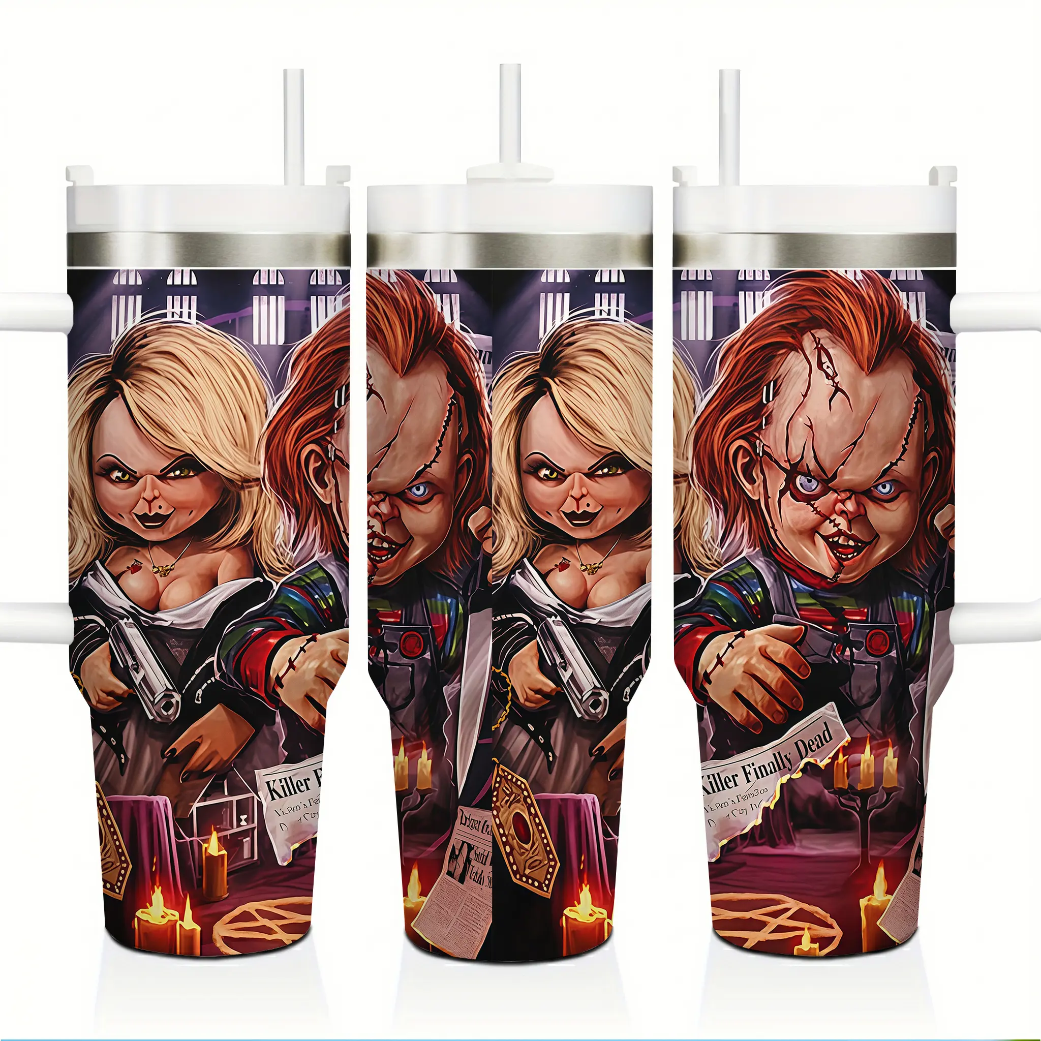 Bride of Chucky Horror Doll Inspired 40oz Insulated Travel Tumbler Stainless Steel Mug with Handle and Straw Leak Proof Vacuum Thermal Cup Keeps Drinks Hot 12H Cold 24H Fan Gift Spooky Goth Aesthetic Large Water Bottle Reusable Mug Retro 2026