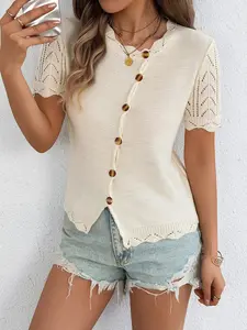 Summer Casual Hollow Out Cardigan, Solid Color Round Neck Single Button Short Sleeve Knit Sweater, Women's Fashion Outerwear
