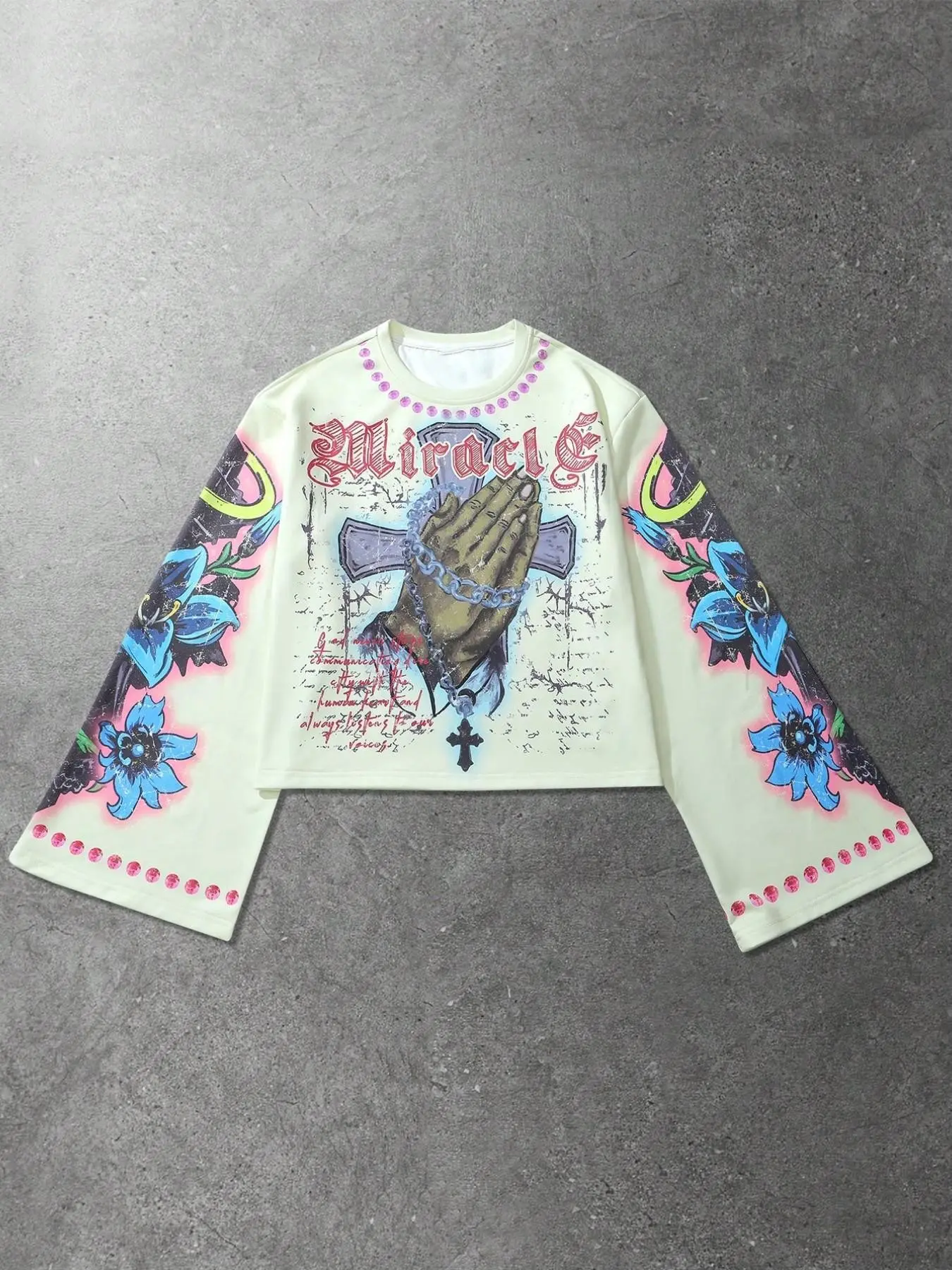 Men's and women's, Unisex, Y2K gothic-style aesthetic graffiti flared sleeves long-sleeved tops, vintage distressed prayer hands and Floral pattern print long-sleeved T-shirts, streetwear, perfect for casual wear during spring, Menswear
