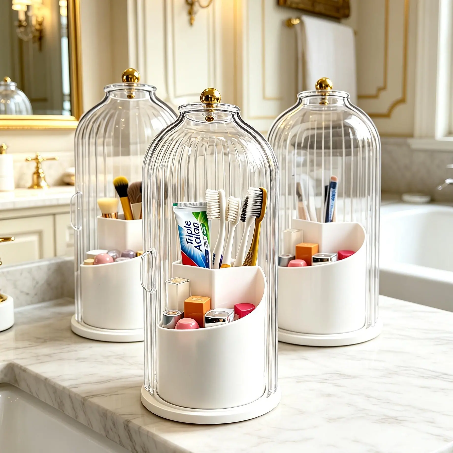 Dustproof 360 Rotating Toothbrush Holder with Cover – 3-Slot Bathroom Organizer for Electric Toothbrush, Toothpaste & Makeup Brushes | Space-Saving Bathroom Vanity Countertop Vanity Storage | Home Must-Haves