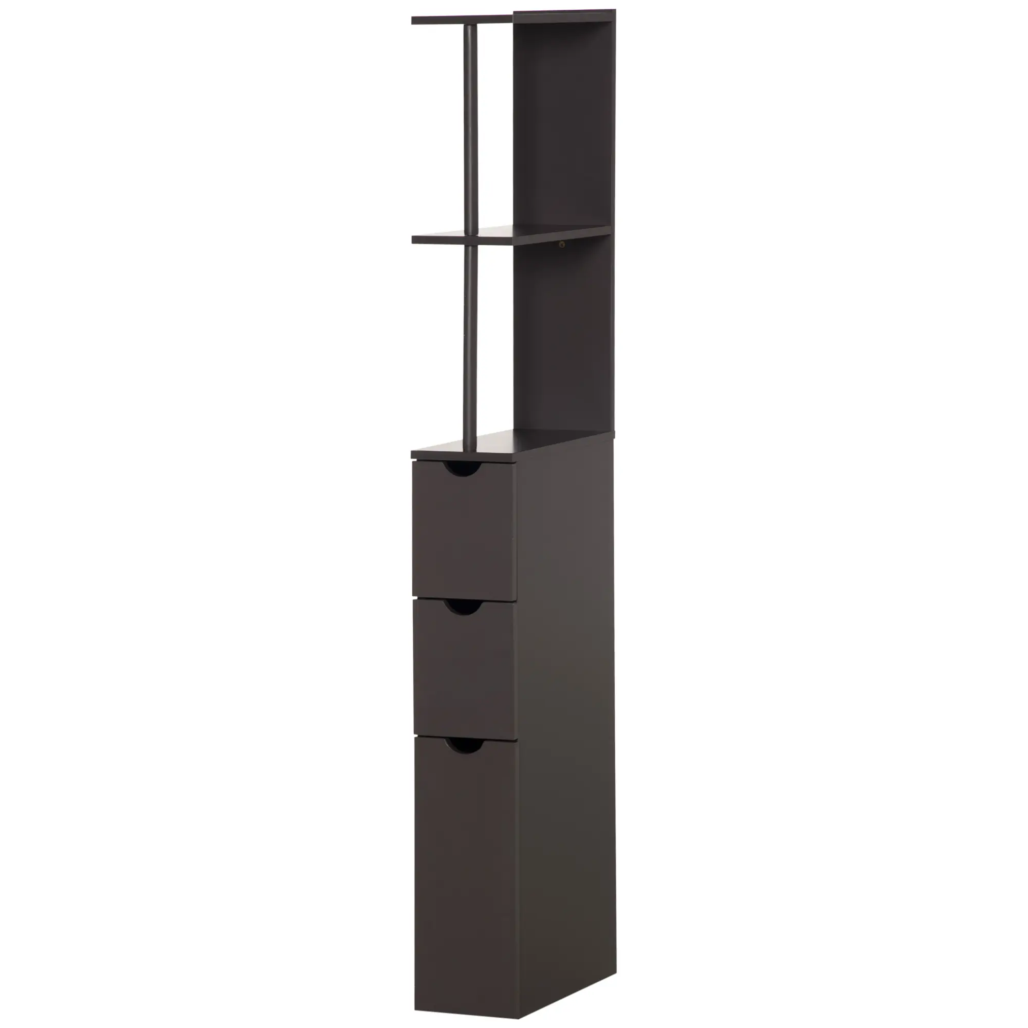 Brown Narrow Tall Linen Storage Cabinet Two Tier Open Shelf Closed Cabinet And Drawer Combo Vertical Space Efficient Furniture For Organizing Daily Essentials Inside Different Bathroom Areas